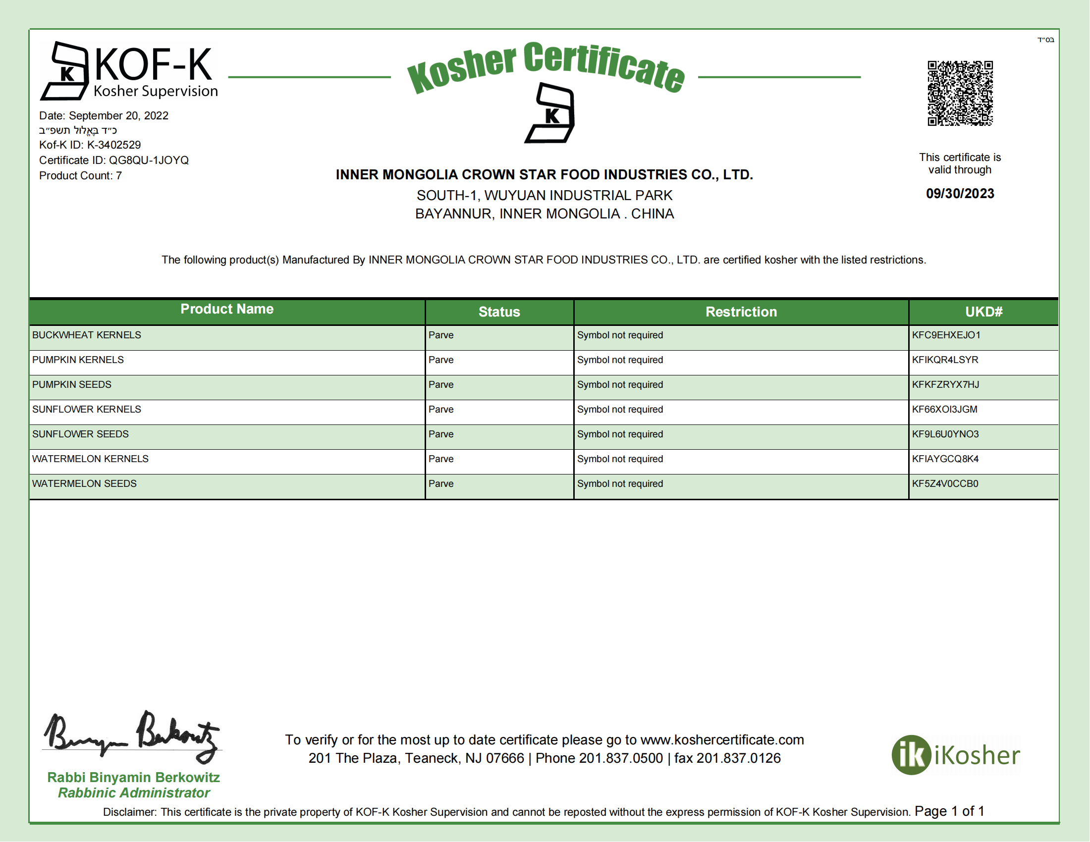 KOF-K KOSHER CERT-NEW - INNER MONGOLIA CROWN STAR FOOD INDUSTRIES CO., LTD. (BW)_00